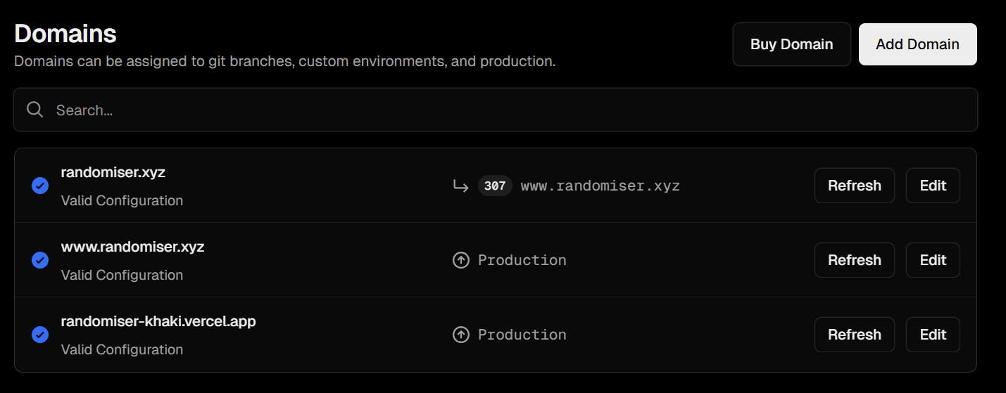 Vercel domains page showing successfully verified domains with green checkmarks